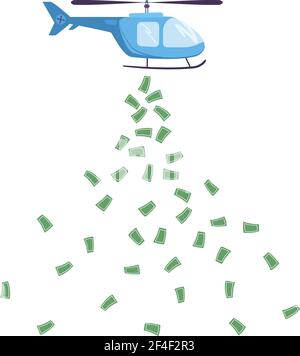 .Vector illustration. Helicopter money to support the economic system, business. Monetary policy of the state in times of crisis and collapse of financial markets. Dollars are falling down Stock Vector