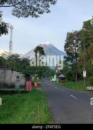 View of Mount Merapi from the village Cangkringan in its south. Stock Photo