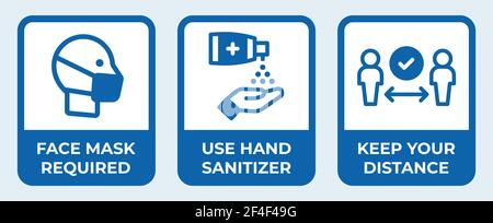 Coronavirus Prevention Icon Vector set for covid-19 pandemic. Blue signs preventives measures. Face mask required, use hand sanitizer. Stock Vector