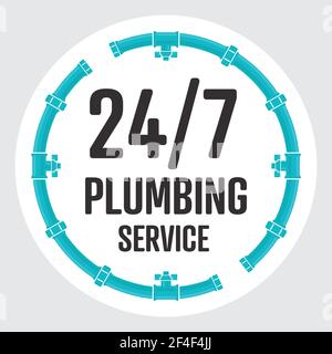 24-7 Plumbing Service circle badge. The round symbol or icon is a clock shape made out of pipes, valves and end caps. Around the clock plumber. Stock Vector