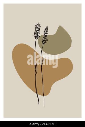 Elegance minimalistic contemporary poster with line art plants and abstract shapes in earth color palette. Stock Vector