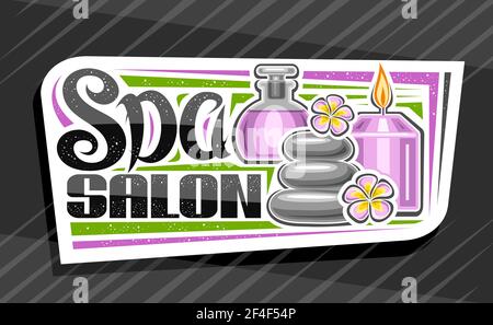 Vector logo for Spa Salon, decorative sign board with illustration of burning candle and purple frangipani buds, white design tag with unique brush le Stock Vector