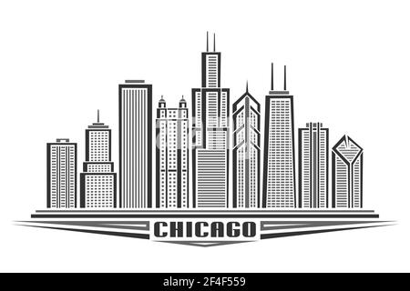 Vector illustration of Chicago City, horizontal monochrome poster with line art design chicago city scape, urban american concept with unique decorati Stock Vector