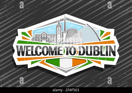 Vector logo for Dublin, white decorative sign with illustration of dublin city scape on day sky background, art design tourist fridge magnet with uniq Stock Vector