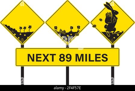 Easter rabbit crossing alert sign. A Easter bunny is hopping across 3 yellow highway traffic signs, while planting or hiding eggs. Signs on poles. Stock Vector