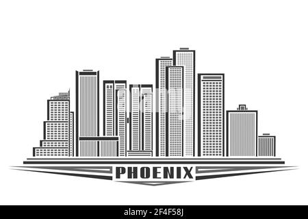 Vector illustration of Phoenix City, horizontal monochrome poster with line art design phoenix city scape, urban american concept with unique decorati Stock Vector