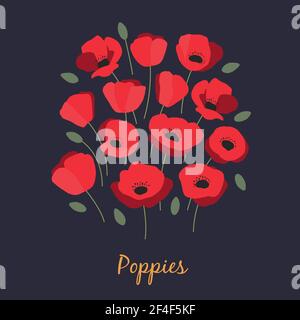 Vector illustration of bunch of aromatic red poppies and green leaves on dark blue background Stock Vector
