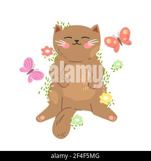 Cute little red kitten sleeps on the grass with butterflies and flowers around. Happy relaxing cat. Flat illustration.  Stock Vector