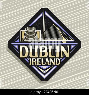 Vector logo for Dublin, dark rhombus road sign with outline illustration of european dublin city scape on dusk sky background, decorative fridge magne Stock Vector