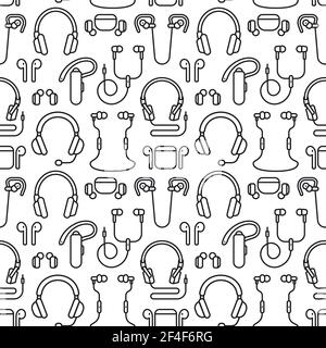 Illustration icon set of the black and white earphones seamless pattern Stock Vector