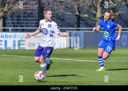 Oostakker, Belgium. 20th Mar, 2021. Laura Deloose (14) of Anderlecht pictured during a female soccer game between AA Gent Ladies and RSC Anderlecht on the 17th matchday of the 2020 - 2021 season of Belgian Scooore Womens Super League, saturday 20 th of March 2021 in Oostakker, Belgium . PHOTO SPORTPIX.BE | SPP | STIJN AUDOOREN Credit: SPP Sport Press Photo. /Alamy Live News Stock Photo