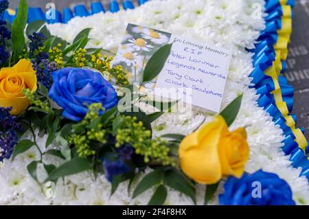 Peter Patrick Lorimer Memorial, Elland Road Leeds 20 March 202.  Peter Lorimer(14 December 1946 – 20 March 2021) was a Scottish professional footballer, best known for his time with Leeds United and Scotland during the late 1960s and early 1970s. Stock Photo