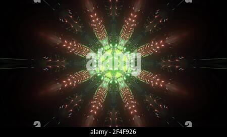 A 3D rendering of a cool round kaleidoscopic futuristic tunnel with green vibrant neon lights Stock Photo