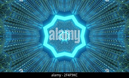 A 3D rendering of a cool octagon kaleidoscopic futuristic tunnel in blue vibrant colors Stock Photo