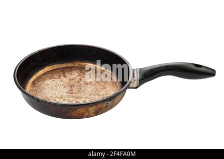 Dirty old frying pan on white background. File contains clipping path. Stock Photo