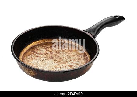 Dirty old frying pan on white background. File contains clipping path. Stock Photo