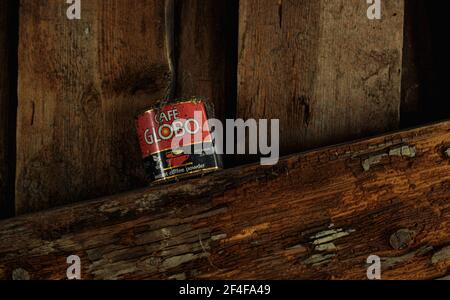 Sibiu City, Romania - 23 January 2021. Old tin box Globo Cafe in an old barn Stock Photo
