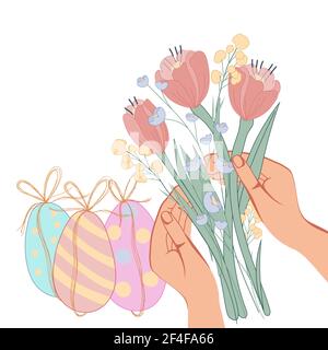 Easter card or banner backdrop with colored eggs and hands holding flowers, flat vector illustration on white background. Design for Easter holiday de Stock Vector