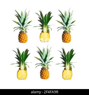 Layout made of fresh whole and sliced pineapples isolated on white background Stock Photo
