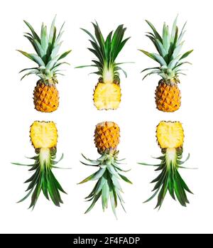Layout of whole and sliced pineapples isolated on white background. Flat lay Stock Photo