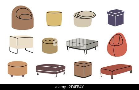 Set of soft poufs and ottomans on wooden legs. Classic and modern upholstered seats for bedroom or living room. Stock Vector