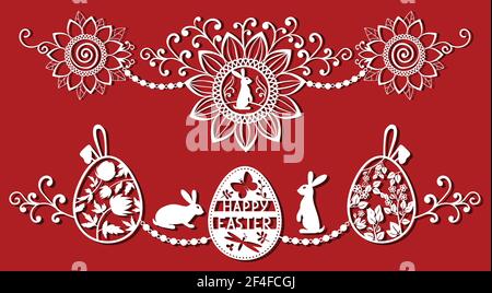 Easter eggs set with rabbit, butterfly, flower. White ornamental eggs for laser cutting on red background. Icons for greeting card. Vector illustratio Stock Vector