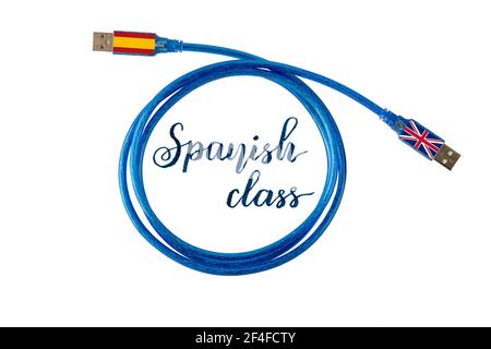 Spanish class concept illustration and lettering. Spain and Great Britain flags on the ends of blue communication cable. Stock Photo