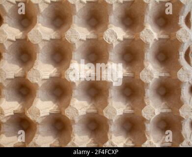 Protective cardboard packaging for storing eggs. Empty biodegradable molded egg box made of paper pulp. Stock Photo