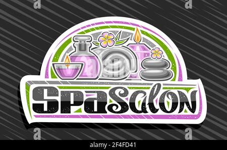 Vector logo for Spa Salon, decorative sign board with illustration of burning candles and purple frangipani with leaves, white design tag with unique Stock Vector