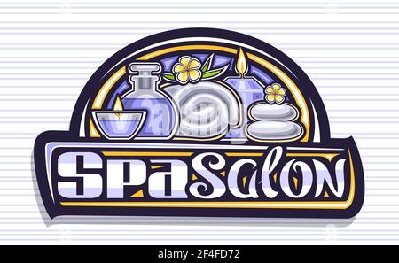 Vector logo for Spa Salon, decorative sign board with illustration of blue burning candles and yellow frangipani with leaves, dark design tag with uni Stock Vector