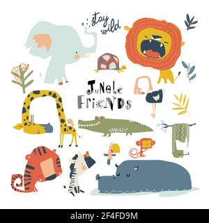 Set of cartoon wild animals on white background Stock Vector