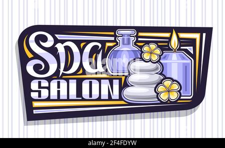 Vector logo for Spa Salon, decorative sign board with illustration of burning candle and yellow frangipani buds, black design tag with unique brush le Stock Vector