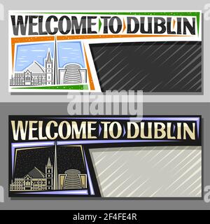 Vector layouts for Dublin with copy space, decorative voucher with illustration of european dublin city scape on day and dusk sky background, art desi Stock Vector