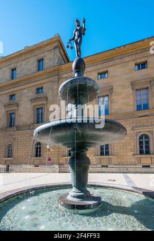 Crown Prince Rupprecht Fountain with Justitia, 1961 by sculptor Bernhard Bleeker, in front of Bavarian Academy of Sciences, Munich, Upper Bavaria Stock Photo