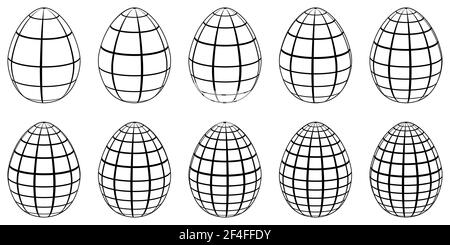 Set of 3d eggs with horizontal and vertical lines, meridians and parallels, vector 3d eggs stylized as globe Stock Vector