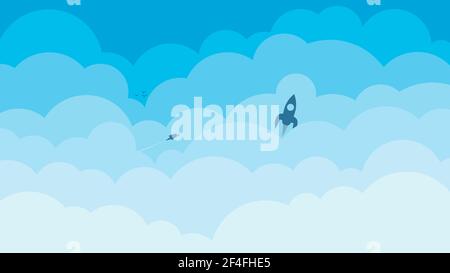 Cartoon clouds and rocket icon on blue sky vector illustration. Stock Vector