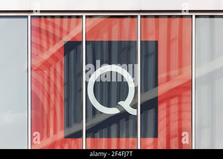 Logo QVC at the German headquarters, teleshopping channel, e-commerce ...