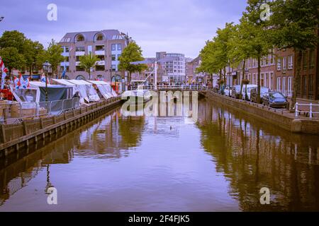 Alkmaar, Netherlands; May 18, 2018: Cheese Market panoramic view of the canal Stock Photo