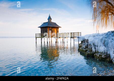 Iced bathhouse, Lake Neuchatel, Gorgier, Neuchatel, Switzerland Stock Photo