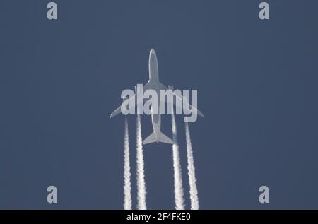 21 March 2021. Lufthansa Boeing 747 jumbo Jet overflies London in the stratosphere from Mexico City en route to Frankfurt during Coronavirus lockdown in the UK. Stock Photo