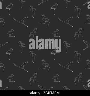 Cartoon seamless outline pattern of flamingos isolated on white background. Doodle vector animals are active dance fly, rejoice, sleep, rest, relax, d Stock Vector
