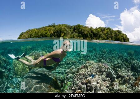 Snorkeling in shallow water, Marovo Lagoon, Solomon Islands Stock Photo