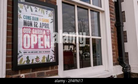 Epsom London UK, March21 2021, Notice In Wetherspoons Pub Advertising Re-Opening April 12 After Covid-19 Coronavirus Lockdown Stock Photo