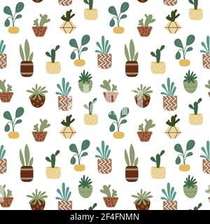 Home potted plants seamless pattern. Indoor flowers. Pattern in earthy and natural colors in boho style Stock Vector