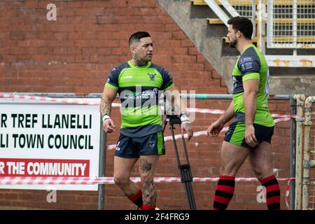 Llanelli, UK. 21st Mar, 2021. Rangi Chase of West Wales Raiders before kick off BetFred Challenge Cup, round one match, West Wales Raiders v Widnes Vikings at Stebonheath Park in Llanelli, Wales on Sunday 21st March 2021. this image may only be used for Editorial purposes. Editorial use only, license required for commercial use. No use in betting, games or a single club/league/player publications. pic by Lewis Mitchell/Andrew Orchard sports photography/Alamy Live news Credit: Andrew Orchard sports photography/Alamy Live News Stock Photo