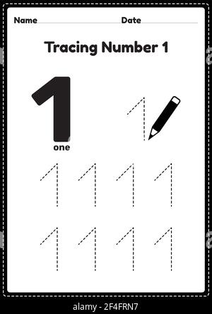 Tracing number 1 worksheet for kindergarten and preschool kids for educational practice in a printable page. Stock Vector