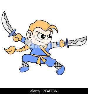 a ninja practicing using two sharp swords Stock Vector