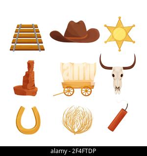 Wild west, western collection in cartoon style isolated on white background. Retro wagon, scull, cowboy hat, sheriff star, Arizona dessert stone. . Ve Stock Vector