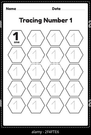 Tracing number 1 worksheet for kindergarten and preschool kids for educational practice in a printable page. Stock Vector