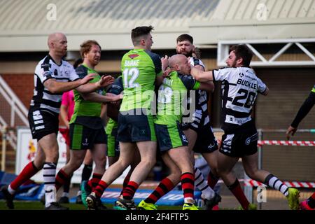 Llanelli, UK. 21st Mar, 2021. Jamie Murphy of West Wales Raiders (C) is confronted by Owen Buckley after a dangerous tip tackle. BetFred Challenge Cup, round one match, West Wales Raiders v Widnes Vikings at Stebonheath Park in Llanelli, Wales on Sunday 21st March 2021. this image may only be used for Editorial purposes. Editorial use only, license required for commercial use. No use in betting, games or a single club/league/player publications. pic by Lewis Mitchell/Andrew Orchard sports photography/Alamy Live news Credit: Andrew Orchard sports photography/Alamy Live News Stock Photo